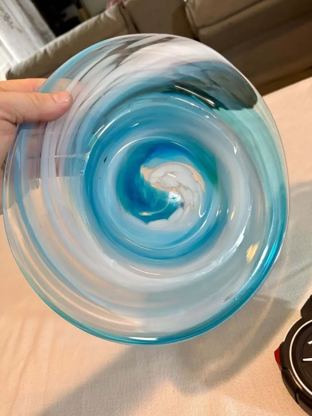 Mid-Century Blown Glass Swirl Bowl, Blue and White Ocean Design